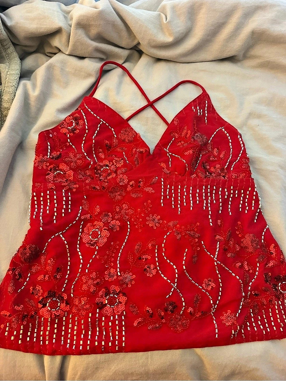 Red Sequin Embroidered Crop Top